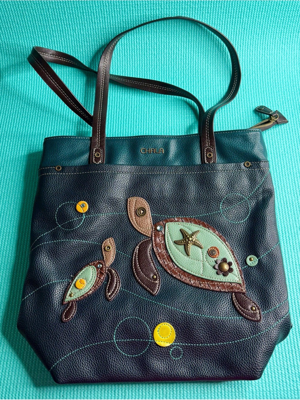 Chala Navy Tote with Teal & Brown Turtle Appliques